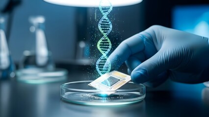 Scientist holding a petri dish with glowing dna helix in a modern laboratory setting