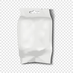 Plastic pillow bag with tear notch and euro hole hanger. Realistic 3d mockup. White blank hanging pouch package. Vector mock-up. Flexible packaging. Template for design