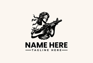 Naklejka premium A black and white illustration of a woman holding a gun, with a placeholder text for a logo or brand name on a plain background, featuring a vector graphic design with an icon style.