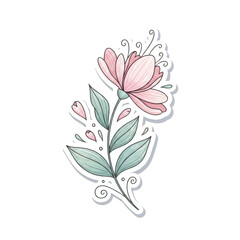 Pink and green stylized flower with swirling decorative elements on png isolated transparent background black background