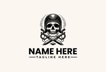 A black and white illustration of a skull wearing a helmet with crossed swords, forming a logo on a beige background with space for a name and tagline.