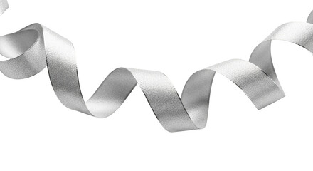 Silver ribbon curled and twisted against a png isolated transparent background black background white