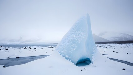 Large piece of ice on snowy landscape with frozen lake and mountains