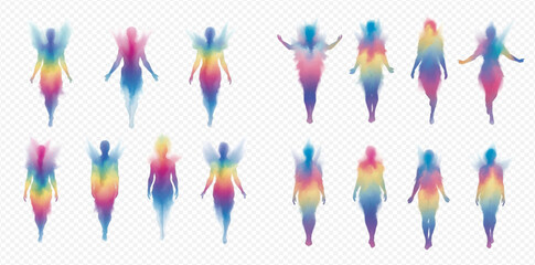 Obraz premium Set of colorful gradient angel and fairy silhouettes with wings, abstract spiritual figures in various poses.