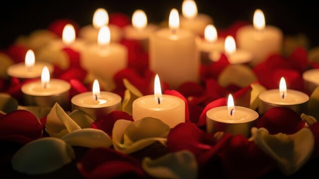 Lit candles and red rose petals creating a romantic atmosphere. Warm glow from flames in a dark setting for celebration or memorial - Powered by Adobe