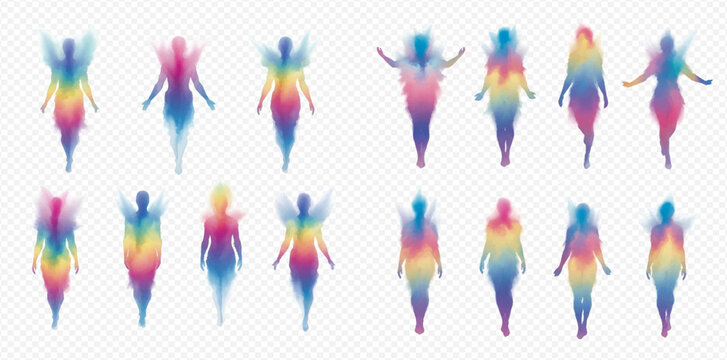 Set of colorful gradient angel and fairy silhouettes with wings, abstract spiritual figures in various poses.
