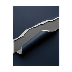 Torn dark blue paper revealing grey layer and png isolated transparent background white edge tear