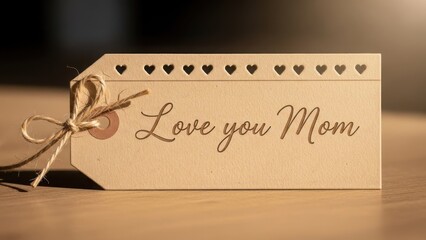 Love you Mom" gift tag with hearts and rustic twine. Mother's Day appreciation message on a wooden surface