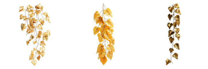 Golden Foliage Decor: Three distinct arrangements of golden leaves, artfully arranged to cascade, bringing a touch of nature's elegance and metallic shimmer to any setting.