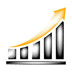 Financial growth bar chart with upward arrow halftone icon PNG image, with retro dotted style. Transparent background