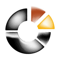 Circular pie chart halftone icon PNG image, for data distribution with retro dotted style. Transparent background