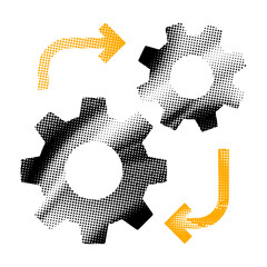 Settings gears with arrows for process and workflow halftone icon PNG image, with retro dotted style. Transparent background