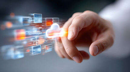 Hyper realistic close-up of human hand interacting with digital cloud technology