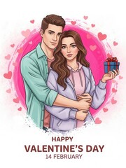 Happy valentine's day couple embracing with gift