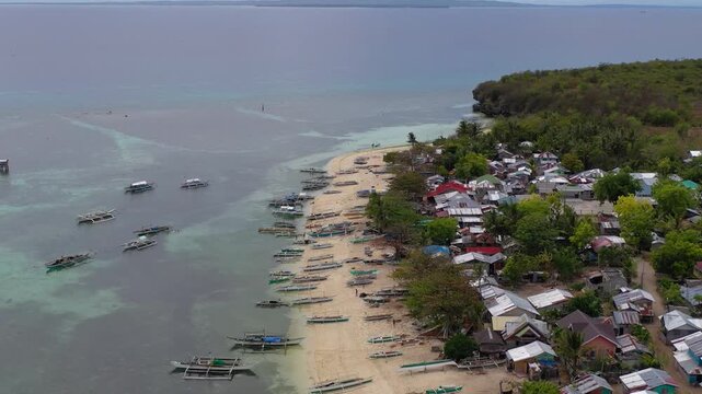 Aerial view of coastal village along tropical shoreline