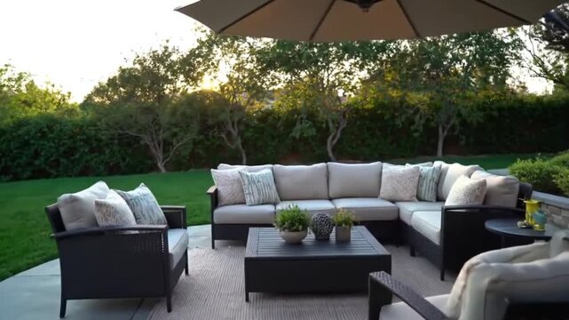Sofa and table in the garden 