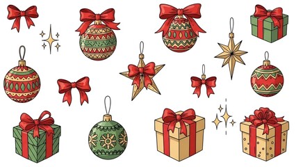 Festive Christmas Ornament and Gift Collection Depicting Holiday Cheer and Celebration