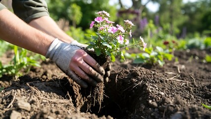 Hands in gardening gloves planting a small flowering plant with pink blossoms into dark soil in a