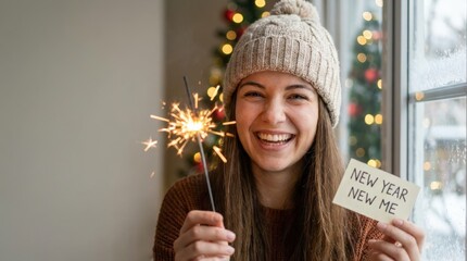 Celebratory new year sparkler moment cozy indoor setting lifestyle photo warm ambiance joyful perspective personal growth theme