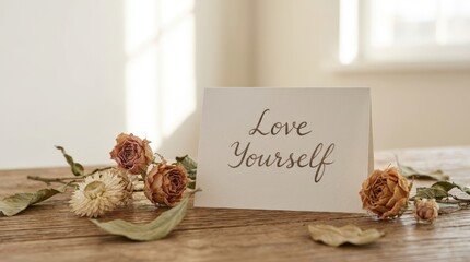Promoting self-love through inspiring messages home decor greeting card design cozy environment close-up view personal growth concept