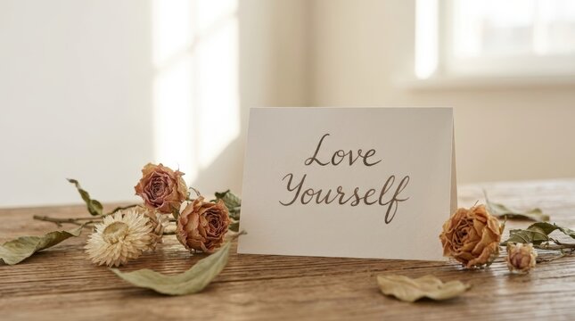 Promoting self-love through inspiring messages home decor greeting card design cozy environment close-up view personal growth concept