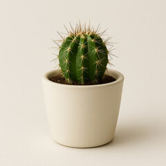 A small prickly succulent cactus with sharp thorns grows in a decorative flowerpot, creating a beautiful potted houseplant isolated on a white background for nature and botany decoration