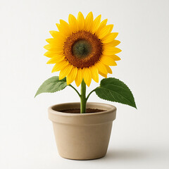 A single beautiful sunflower with bright yellow petals and green leaves grows in a white pot as a beautiful nature object isolated for a garden flora display