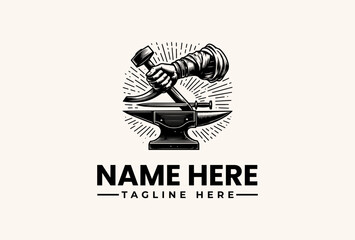 Black and white illustration of a muscular arm holding a hammer over an anvil with sunburst lines, on a clean white background, conveying a strong and powerful mood.
