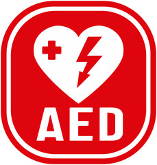 Red sticker with the letters AED. Automated External Defibrillator