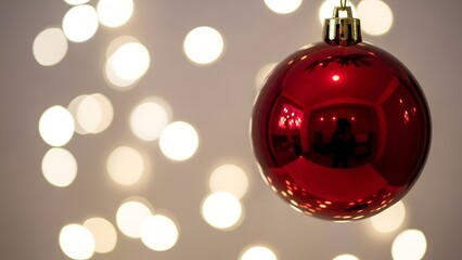 Festive red christmas bauble with glowing bokeh background creates a joyful atmosphere