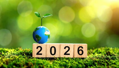 Fresh start for Earth in 2026, with a vibrant green plant sprouting from a miniature globe, symbolizing growth and hope for a sustainable future.