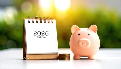 Close-Up of a Piggy Bank Next to a Desk Calendar for 2026 with Golden Coins on a Table against a Blurred Green Background