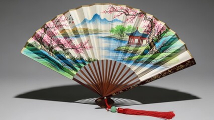 Traditional Asian hand fan with a classic landscape painting. Decorative folding fan featuring cherry blossoms, mountains, and a pagoda