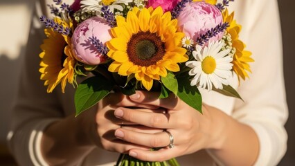 A woman holding a vibrant bouquet of fresh flowers. Close-up on a mixed arrangement of sunflowers, peonies, and lavender for a special occasion