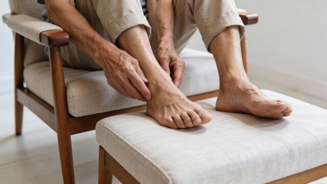 Elderly person touching feet while seated on chair with ottoman Retirement Living concept