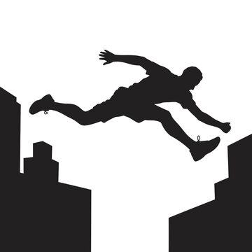 Silhouette illustration of a parkour athlete jumping between rooftops in an urban setting
