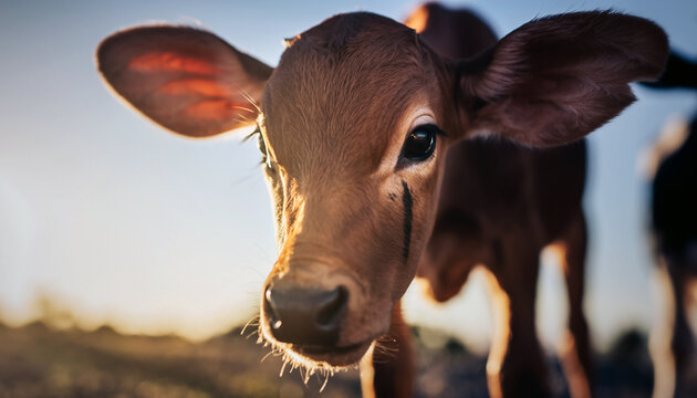 gros plan sur un jeune veau brun curieux au soleil couchant