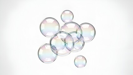 Iridescent soap bubbles floating in a cluster against a stark white backdrop creating a whimsical