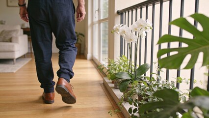 elderly Person walking indoors on wooden floor beside plants and railing Retirement Living concept