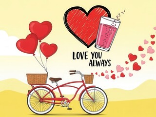 Red bicycle with heart balloons and love message