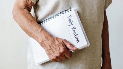 Elderly person holding a notebook labeled "Daily Routine Retirement Living concept