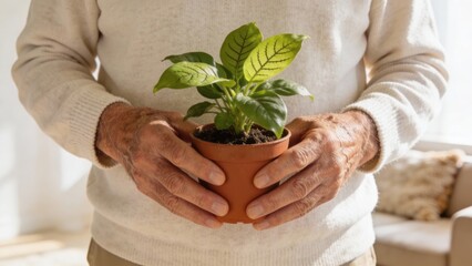 elderly Hands holding a small potted houseplant in a cozy sweater Retirement Living concept