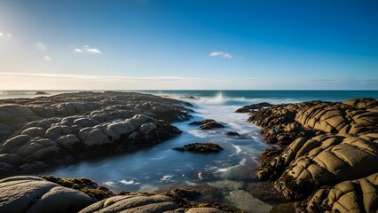 Ocean waves flowing through rocky shoreline at sunny day  serene natural scenery