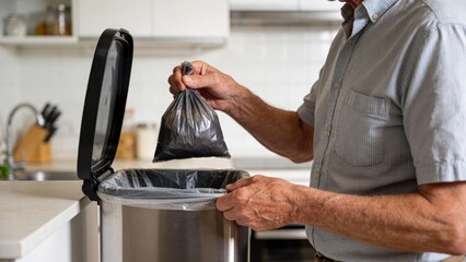 Older person placing tied trash bag into a kitchen garbage bin Retirement Living concept