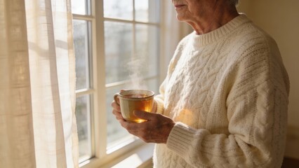 elderly Person in cozy sweater holding a steaming cup by a sunlit window Retirement Living concept