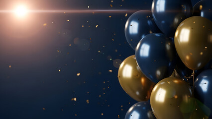 A cluster of shiny black and gold balloons against a starry night sky