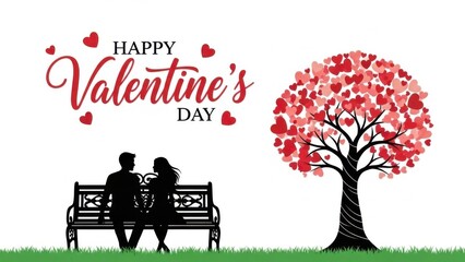 Happy valentine's day couple sitting on bench under heart tree