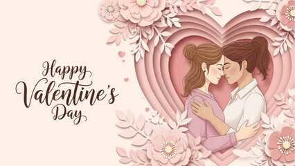 Romantic lesbian Couple Embracing on Valentine's Day with Floral Heart Background Illustration