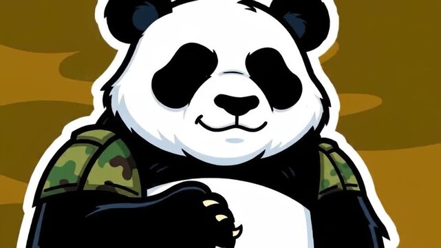 Cartoon panda character in camouflage armor smiling on brown background
