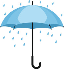 Light blue umbrella vector illustration with raindrops falling for weather forecast concepts, autumn rainy season, and protection from the elements.
